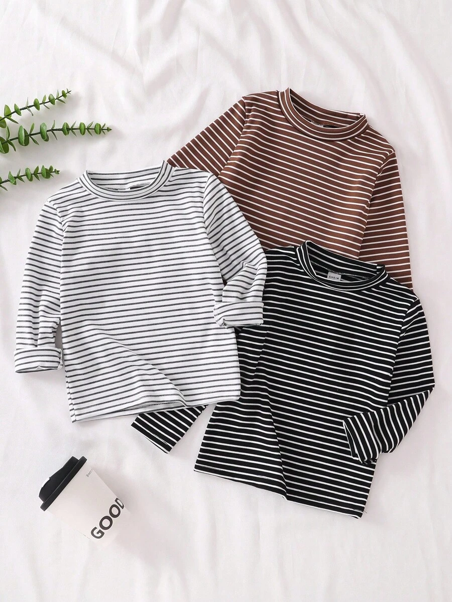 3件套男童经典条纹圆领长袖打底衫，基础纯色Polo领，秋冬季