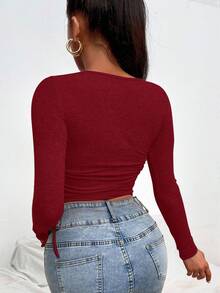 EURMUSE Drawstring Side Scoop Neck Tee - 酒紅色 - 查看 2