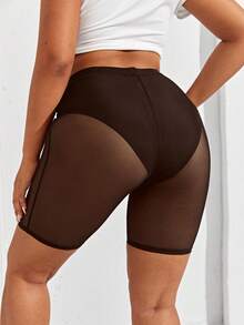 SHEIN SXY Plus Size Women's Coffee Brown Sheer Mesh Cycling Shorts (Underwear Not Included)