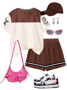 SHEIN Tween Girl Casual Minimalist Short Sleeve Shorts 2pcs Set, Suitable For Summer Teen Girl Brown Set Teen 2 Piece Set Teenage Girl Clothes Leopard Print 2 Piece Set 2 Piece Shorts Set Teen - Multicolor - View 2