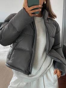 DAZY 女士棉衣冬季外套立领短款保暖内里加厚宽松欧美风街头时尚短款夹克冬 - 灰色 - 查看 2