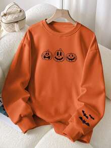 INAWLY 女式加大码万圣节南瓜灯和蝙蝠刺绣图案圆领运动衫 - 橘色 - 查看 4