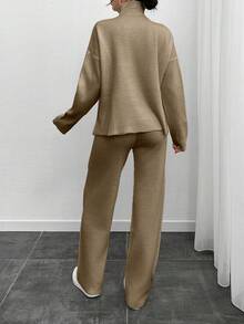 EURMUSE Women Solid Color Rib Knit Drop Shoulder High Neck Pullover & Sweater Pants Set,Petite,Winter Clothes - Beige - View 5