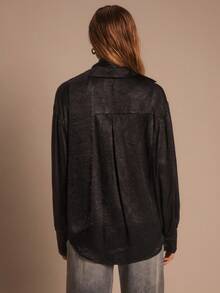 Glamine Elegant Reflective Satin Fabric Oversized Women Shirt.Women's Elegant Sexy Solid Color Plunging Neck Blouse, Summer,Fall Tops Black Blouse Black Top.Women Loose Solid Color Long Sleeve Tie Shirt Blouse,Long Sleeve Tops,Fall Clothes.Textured Satin Business Blouse For Women - Black - View 2