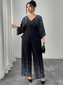 Modelyn 2pcs Plus Size Women Star Print V-Neck Top & Pants Set - Mint Blue - View 3