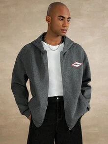 STYNVO Men's Casual Zip-Up Hoodie With Letter Embroidery, Dropped Shoulder, Long Sleeve, Autumn/Winter Mens Street Wear Zip Up Grey Zip Up - Dark Grey - View 6