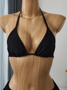 SHEIN Swim Vacation Beach Solid Color Bikini With Lace Cover-Up Sarong 2 Pieces Set For Summer - Black - View 9