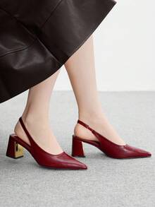 CUCCOO BIZCHIC 女士尖头粗跟黑色后带性感时尚舒适简约通勤办公室女士百搭高跟鞋 - 酒紅色 - 查看 5