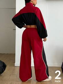 Coolane Concert Streetwear Going Out Sportswear Color-Blocked Banded Texture Decoration Pants And Piping Crop Black Jacket,2pcs,Fall Clothes For Women Halloween,Winter Clothes