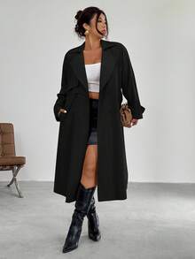 Firerie Elegant Design Waist Cinched A-Line Long Sleeve Windbreaker Jacket, Autumn/Winter - Black - View 3