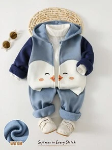 Cozy Pixies 男婴卡通动物印花撞色连帽夹克和松紧腰裤两件套，动物印花夹克套装，适合秋冬季，休闲舒适，适合外出和居家，男婴蓝色套装，舒适百搭，设计简约，适合室内、户外、日常、运动、玩耍、派对、摄影、度假，男婴连帽夹克套装，适合秋冬季，男婴企鹅图案套装 - 藍色 - 查看 1