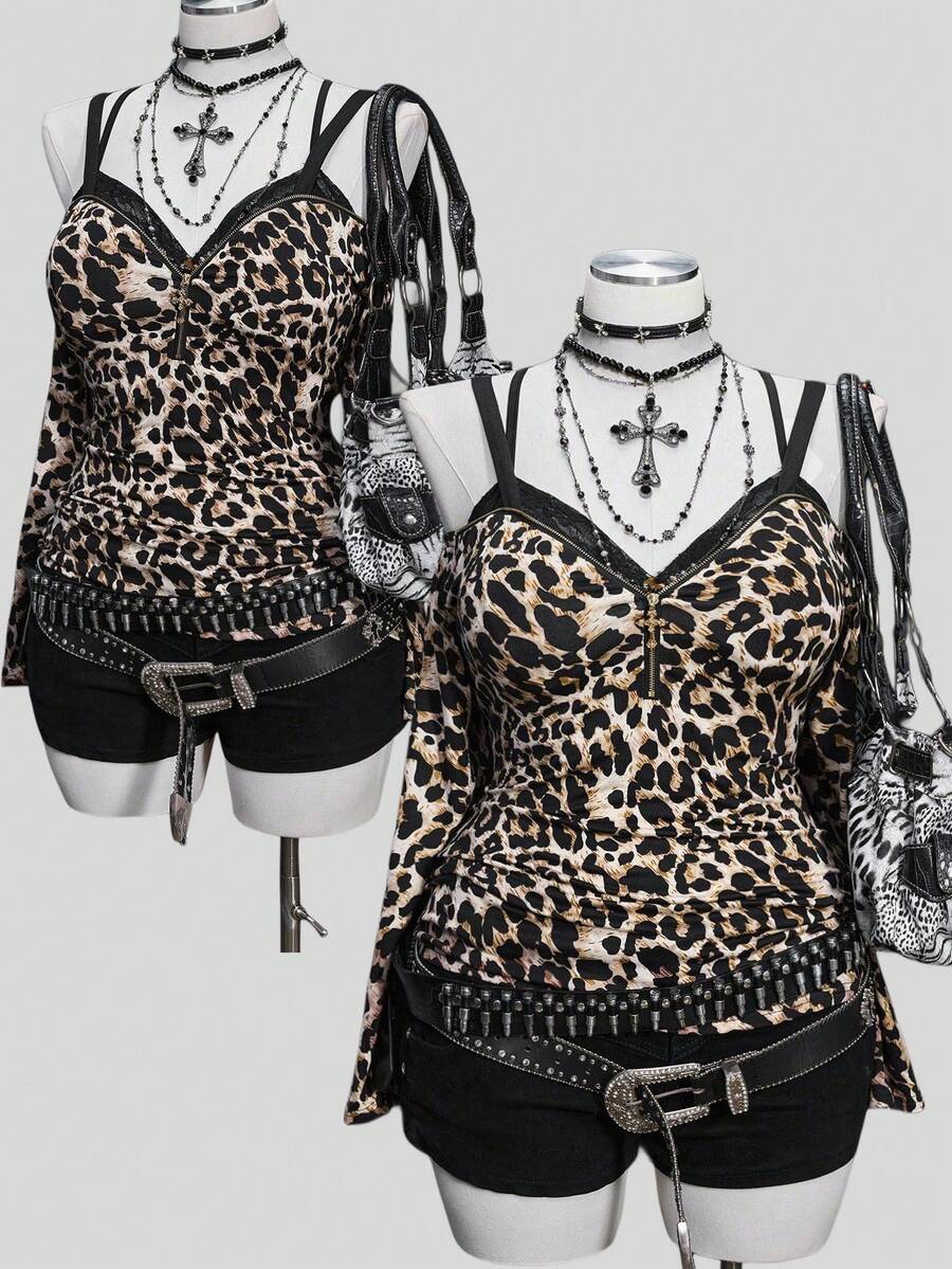 Sunspun 大码女式露肩无袖长袖豹纹褶皱收腰紧身金属拉链十字金属装饰优雅复古朋克休闲哥特式性感 T 恤 - 彩色 - 查看 1