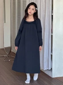 DAZY Camisón de niña preadolescente de unicolor con ribete de encaje