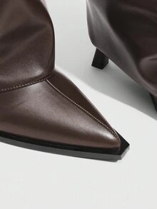 CUCCOO SZL 女士性感时尚褶裥筒咖啡色尖头侧拉链及膝靴 - 咖啡棕 - 查看 8