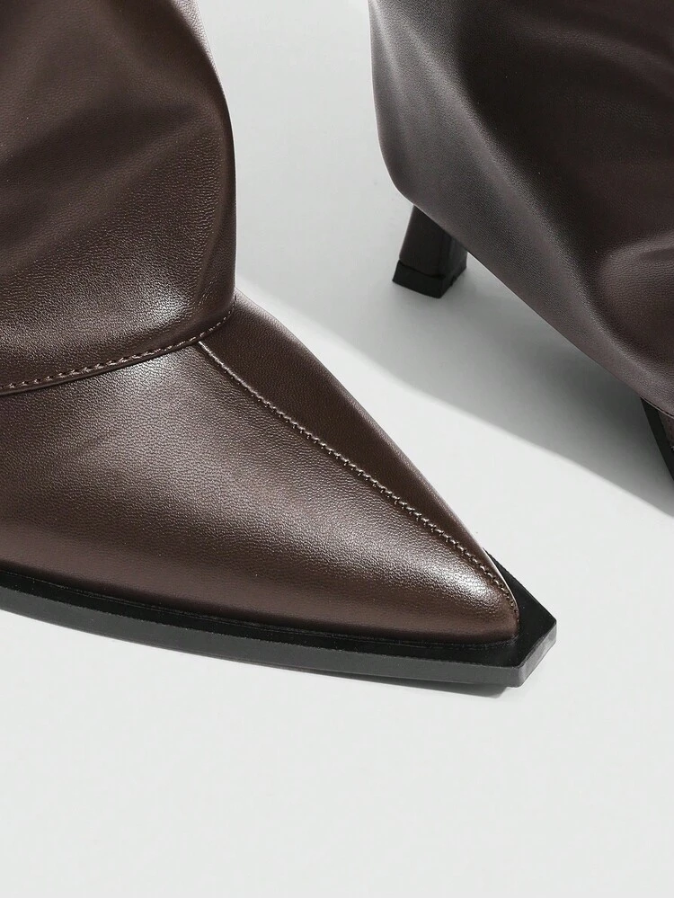 CUCCOO SZL Women's Sexy Fashion Pleated Shaft Coffee Pointed Toe Side Zipper Knee-High Boots For Christmas Spring Shoes