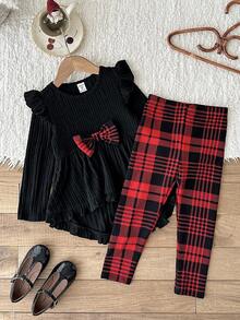 LMoss Kids LMoss 女童纯色荷叶边休闲T恤和格子裤两件套，圣诞女童服装，小女孩冬季套装，女童两件套秋季女童格子套装，圣诞节 - 彩色 - 查看 4