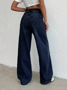 Women's Casual Mid Waist Wide Leg Elastic Jeans - Dark Wash - View 2