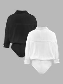 Airaco Women's Elegant Fashion Turndown Collar Long Sleeve Bodysuit, Black & White 2 Pieces Set - Black and White - View 2