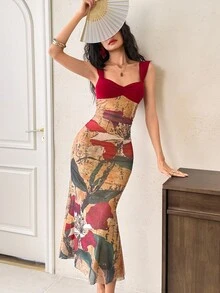 EastFlair Women's Elegant Floral Print Sweetheart Neck Ruched Bust Fishtail Hem Dress, Vacation Style