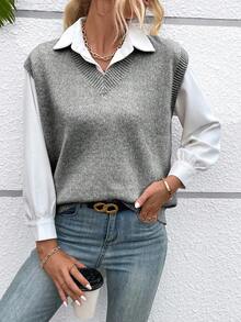 EMERY ROSE Casual Versatile Solid Color Knit Vest - Grey - View 6