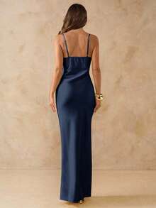 SHEIN BAE Sleeveless V-Neck Backless Satin Dress, Yellow, Suitable For Vacation, Party, Birthday, Brunch, Wedding Guest, Bridesmaid, Elegant ,Wedding Guest Dress Women - Navy Blue - View 2