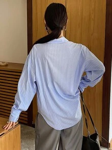 DAZY 女士翻领系带宽松长袖休闲开衫衬衫 - 藍色 - 查看 6