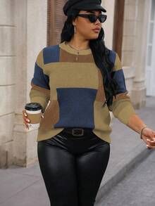 Calvaya 大码拼色圆领毛衣，秋冬休闲款