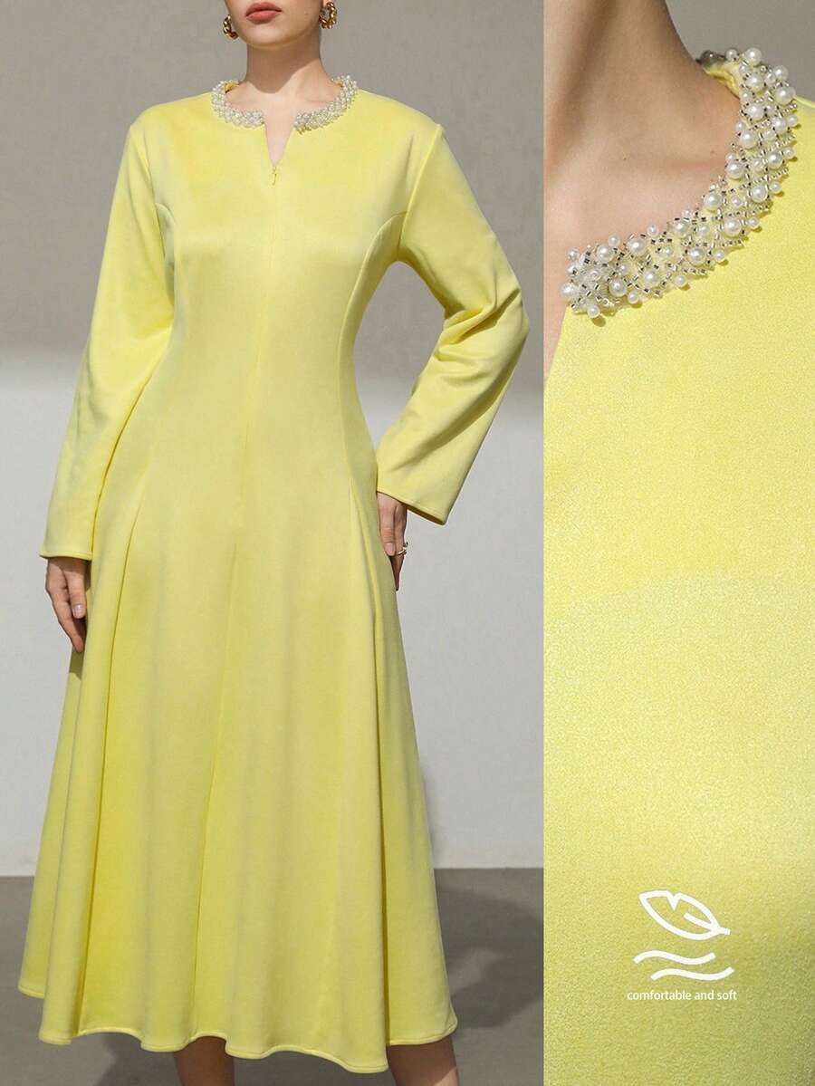 Aveloria Modichic Damen Große Größen V-Ausschnitt Kleid mit Strass-Perlen, gelber Wildlederoptik, Langarm, mit Taillengürtel und ausgestelltem Rockteil - Verschiedenfarbig - Übersicht 1