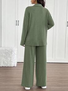SHEIN 2pcs Maternity Set,Sage Green Autumn Casual Everyday Raglan Sleeve Shirt With Collar & Adjustable Waist Straight Leg Pants,Loose Fit Comfy Lounge Set - Green - View 2
