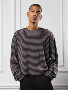 SUMWON Camiseta de manga larga a rayas de corte holgado y boxy, minimalista y básica para otoño e invierno, cuello redondo, ropa de calle - Gris - Ver 6