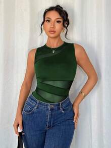 Rafferiza Elegant Sexy Fashion Black Round Neck Sleeveless Fitted Asymmetrical Geometric Mesh Patchwork Knitted Bodysuit For Women, Spring/Summer - Dark Green - View 5