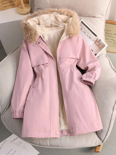 Sparklyn 女童时尚厚实保暖内衬优雅简约时尚毛领长款户外夹克，适合秋冬季、派对、卡其色