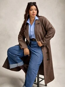 Zelara 大码女式格子印花双排扣羊毛大衣，秋季女式外套，长款女式外套，风衣，格子大衣，冬季女式外套，棕色女式冬季外套，时尚女式冬季外套，秋季女式外套，冬季女式冬季外套，外出上衣，乡村风女式外出外套，棕色格子大衣，冬季女式外套，感恩节女式外套 - 彩色 - 查看 4