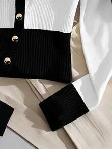 Franclia Women's Fashionable Elegant Deep V-Neck Long Sleeve Contrast Color T-Shirt - Black and White - View 6