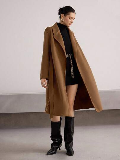 Heiryn Women's Solid Color Lapel NeckLong Sleeve Pocket Belt Design Elegant Woolen Coat, Autumn/Winter