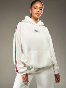 MISSGUIDED Monogram Oversized Hoodie With Side Stripe Detail French Terry Sweatshirt Premium Athletic Leisure Wear Drawstring Hood Fall Winter Casual Loungewear - Beige - View 1