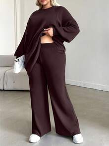 EURMUSE Plus Size Women Solid Color Raglan Sleeve Lantern Sleeve Sweater & Knitted Pants Casual Suit - Coklat - View 3