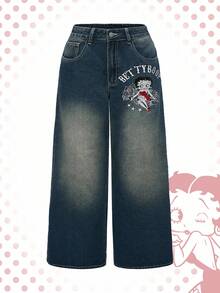 Betty Boop | ROMWE Quần jeans ống rộng thêu họa tiết hoạt hình giặt thường ngày cỡ lớn - Màu xanh lam - Xem 8