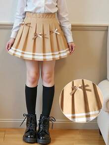 少女不对称蝴蝶结饰边百褶裙 - 卡其色 - 查看 3