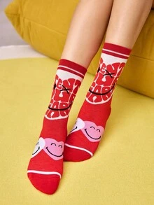 SmileyWorld® | SHEIN 2 đôi tất nữ mềm mại, thoáng khí, thấm hút mồ hôi, kiểu dáng thường ngày, màu trắng và đỏ dễ thương, mũi và gót được gia cố để tăng độ bền, phù hợp mọi mùa hè và đông. - Đỏ - Xem 6