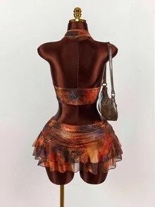 Y2K Amplova 两件套女士豹纹性感扎染露背上衣和超低腰裙套装，节日两件套服装，哈瓦那之夜服装，女士两件套复古渐变西部万圣节服装，秋冬保暖时尚露背两件套 - 彩色 - 查看 2