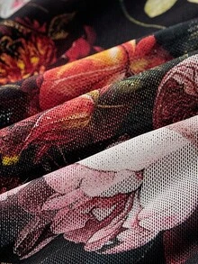 SHEIN MOD 花卉印花复古荷叶边吊带女式连衣裙 - 黑色 - 查看 6