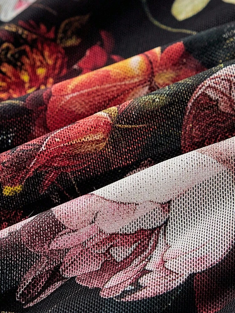 SHEIN MOD 花柄ヴィンテージ ラッフル ストラップ ワンピース - ブラック - 見る 6