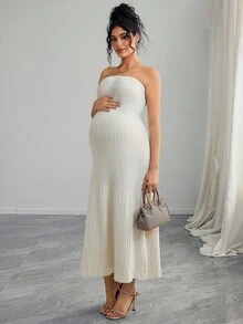 SHEIN 孕妇纯色抹胸毛衣裙 - 米色 - 查看 3