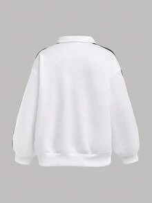 SHEIN Tween Girl White Knit Half-Zip Collar Loose Casual School English Print Sweatshirt, Back To School, Minimalist Daily Wear Fall Winter