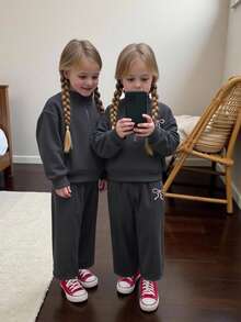 SHEIN 2pcs Baby Girl Fleece Sweatshirt & Pants Set, Embroidered Letter Design, Suitable For Outdoor And Indoor Wear, Autumn/Winter Fall - Dark Grey - View 2