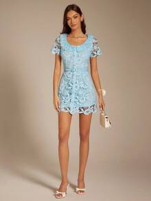Enchnt 女士花卉蕾丝和仿珍珠装饰优雅迷你连衣裙 - 藍色 - 查看 5