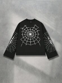 ROMWE MEN Goth Men's Casual Spider Print Long Sleeve T-Shirt, For Fall - Black - View 2