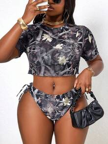 Slaydiva Conjunto de tankini de traje de baño con estampado de camuflaje floral de talla grande