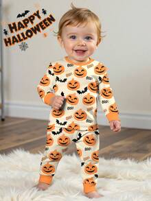 SHEIN Baby Boy Casual Classic Halloween Pumpkin, Bat, Star Print Snug Fit Round Neck Comfortable Long Sleeve Pants Thick Fleece Pajamas Suitable For Autumn/Winter, Halloween Costume Fall - Multicolor - View 1